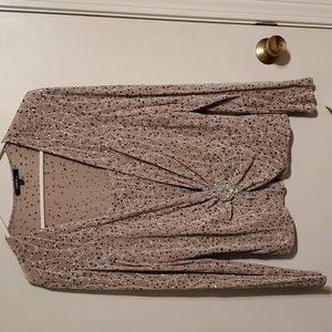 Onyx Nite Women's Champagne Sparkly Long Sleeve Blouse w/Brooch Detail XL